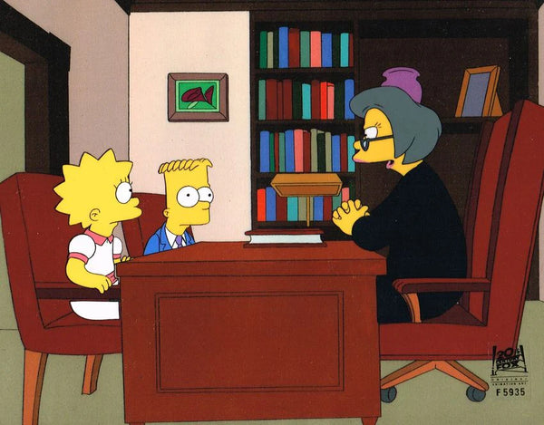 A cel used to create an episode of The Simpsons depicting Lisa and Bart Simpson in their best clothes sat at a desk across from a stern woman. 