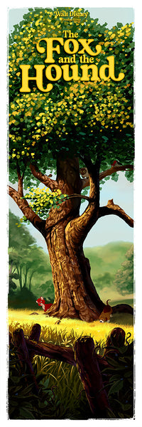 The Fox and the Hound inspired art print featuring a large tree with yellow and green leaves, with the hound sniffing around its base, and the fox peering curiously around the tree trunk. The film title logo is in large yellow letters at the top.