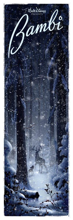 A nighttime forest scene with snow falling and thickly layered on everything. In the midground is a silhouette of Bambi as a child and as a grown dear. 