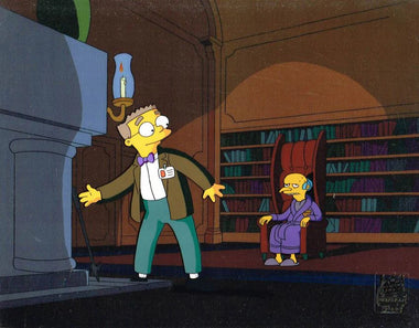 A cel used to create an episode of The Simpsons depicting Mr Burns sat in a wing-backed chair infront of a fireplace, with loyal assistant Smithers reaching for the poker to stoke the flames.  