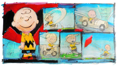 An art piece featuring Charlie Brown smiling, stood next to a series of images of Charlie Brown golfing, driving, riding a bike, playing baseball, and flying a kite.
