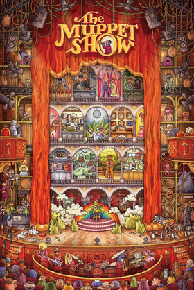 Illustration of the Muppet Show on a stage with characters and set design.
