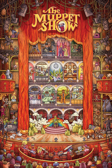 Illustration of the Muppet Show on a stage with characters and set design.