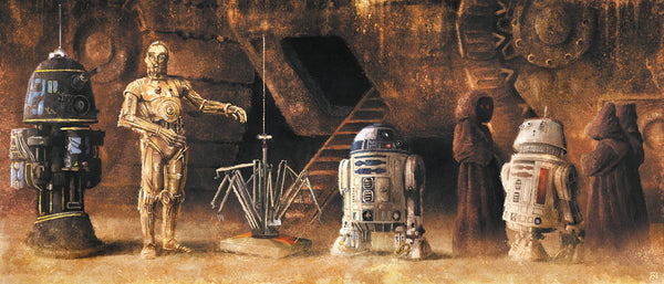 An art print canvas inspired by Star Wars of C3P0 and R2D2 conversing with Jawas infront of a Sandcrawler.