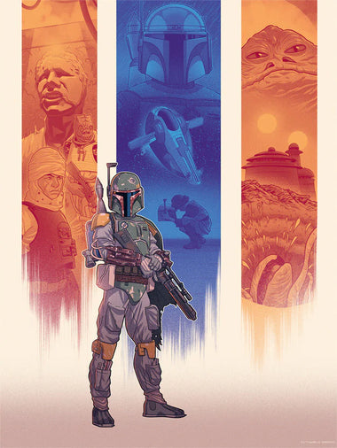 Illustration of Boba Fett with a background featuring other characters  such as Jabba the Hutt, and Han Solo.