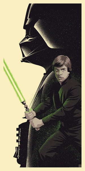 A stylized poster-like illustration of Luke Skywalker holding a green lightsaber in front of Darth Vader's large helmeted silhouette, rendered in black, green, beige, and gray tones.