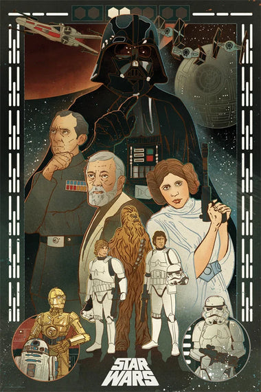 A stylized Star Wars printfeaturing Darth Vader, Princess Leia, Yoda, Chewbacca, Stormtroopers, C-3PO, R2-D2, and other iconic characters in a retro illustrated layout with the Star Wars logo at the bottom.