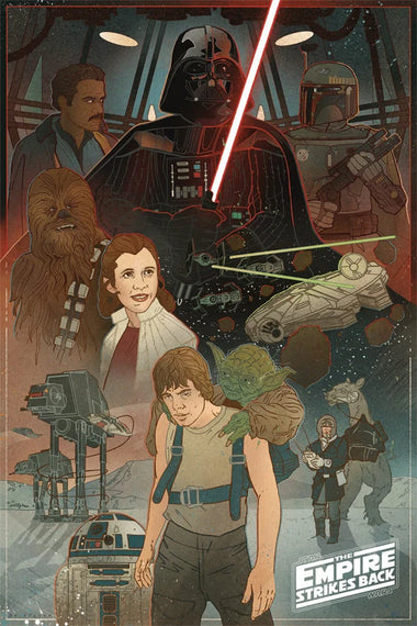 A stylized art print collage for Star Wars: The Empire Strikes Back featuring Darth Vader, Luke Skywalker, Princess Leia, Chewbacca, Boba Fett, TIE fighters, AT-AT walkers, R2-D2, and other iconic characters in a space-themed composition.