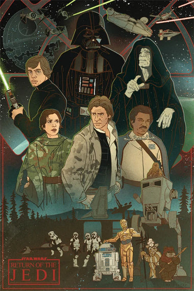 A stylized Star Wars: Return of the Jedi art print featuring Darth Vader, Luke Skywalker, Yoda, Han Solo, Princess Leia, and other iconic characters in a space-themed collage with spacecraft, lasers, and a forest scene at the bottom.