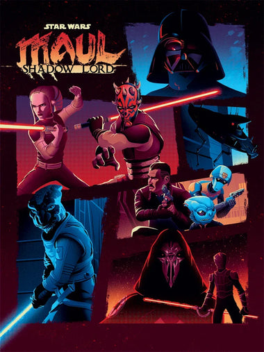 Star Wars Maul: Shadow Lord comic book cover art featuring multiple illustrated characters in a dramatic collage with red and blue lightsabers over a black-to-red fade background. 