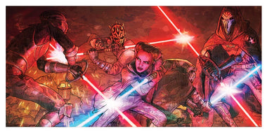 Comic-style art print of characters from Maul: Shadow Lord in a dramatic lightsaber battle scene.