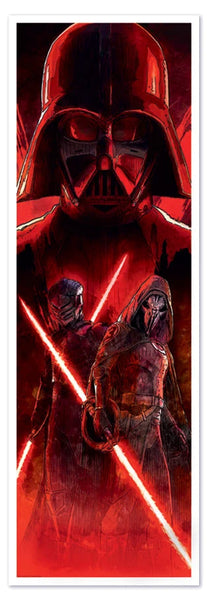 A vertical art print featuring Darth Vader that has been rendered using dark and vibrant shades of red. 