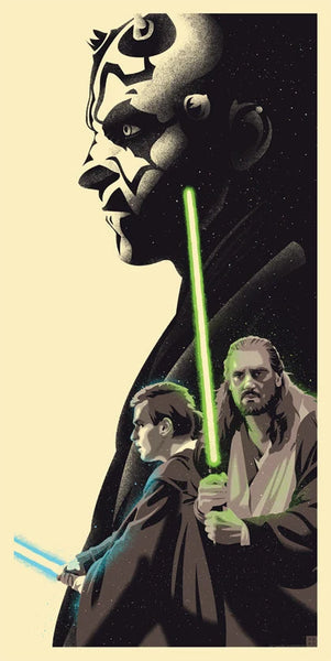 A stylized poster-like illustration featuring Darth Maul in a large black-and-cream profile at the top, with Qui-Gon Jinn and Obi-Wan Kenobi below holding lightsabers against a dark starry background.