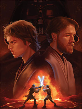 This art piece features Anakin Skywalker and Obi Wan Kenobi from Star Wars in the midground, with a dramatic, lava battle in the foreground, and Darth Vader in the background.