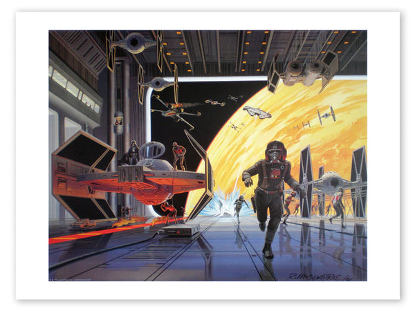 A giclee print featuring concept artwork from Star Wars: A New Hope, depicting spacecraft and characters in a dynamic space setting.