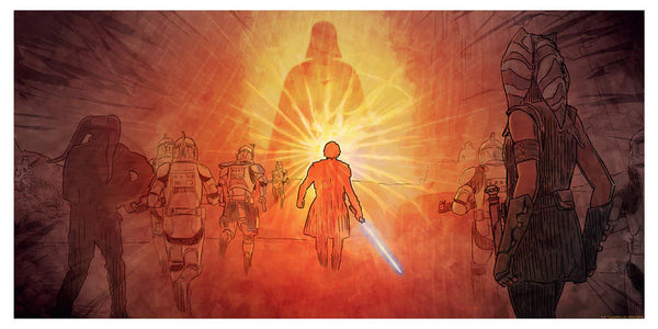 Star Wars Ahsoka inspired art print depicting anakin surrounded by stormtroopers and Ahsoka with the shadow of darth vader  