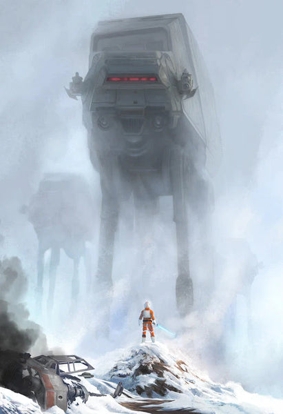 A print featuring a large, AT-AT Walker from Star Wars The Empire Strikes Back, with a misty background and luke skywalker standing alone.