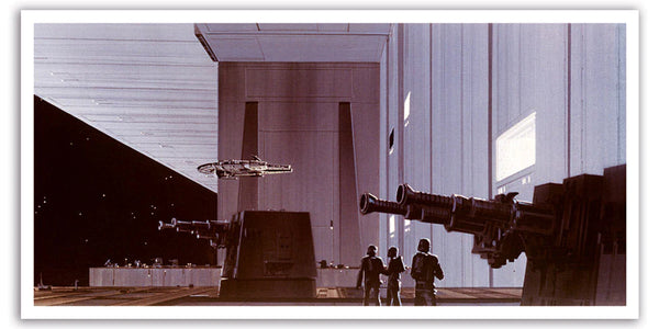 Art print depicting the scene from Star Wars a New Hope when the Millennium Falcon enters the death star