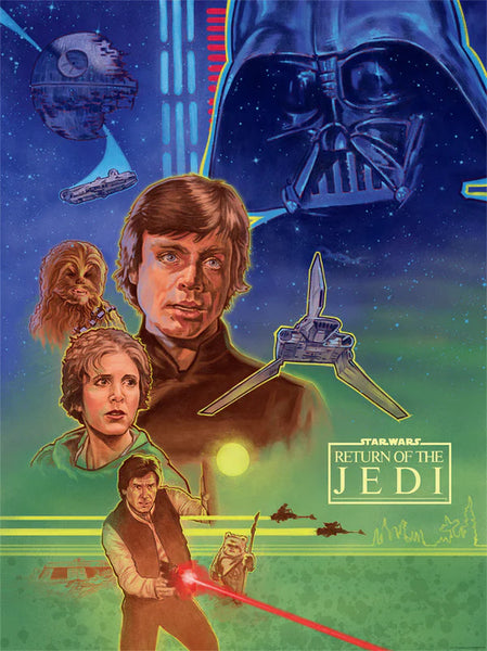 A colorful Star Wars themed lithograph featuring characters from 'Return of the Jedi', including Darth Vader, Han Solo, and Princess Leia.