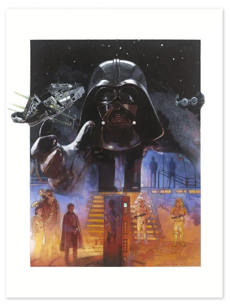 Illustration of Darth Vader and other characters from Star Wars in the cryogenic chamber with a space-themed background.
