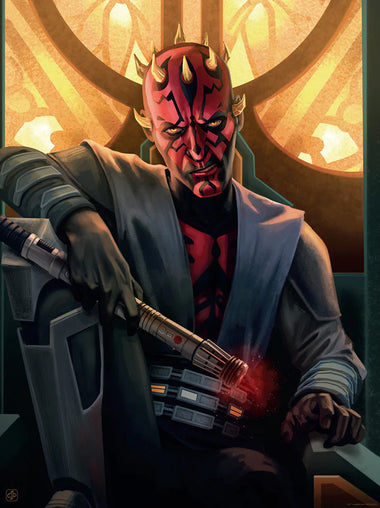 Star Wars themed artwork featuring a Darth Maul, holding a lightsaber, against a dynamic background.