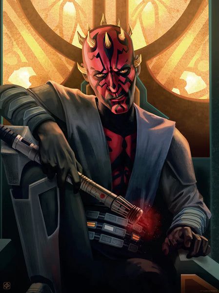 Star Wars themed artwork featuring a Darth Maul, holding a lightsaber, against a dynamic background.