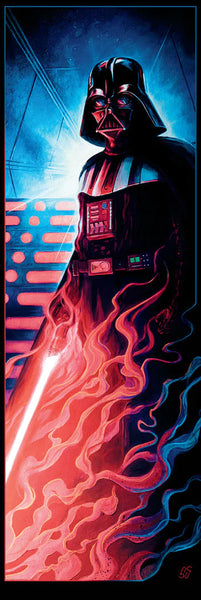 A lithograph of Darth Vader with his lightsaber glowing in the smoke. fFrom Star Wars: The Empire Strikes Back.