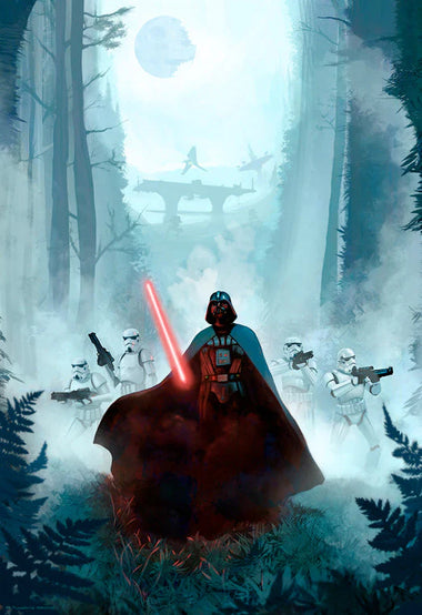 Darth Vader on Endor with his red lightsaber with stormtroopers and the death star in the background.