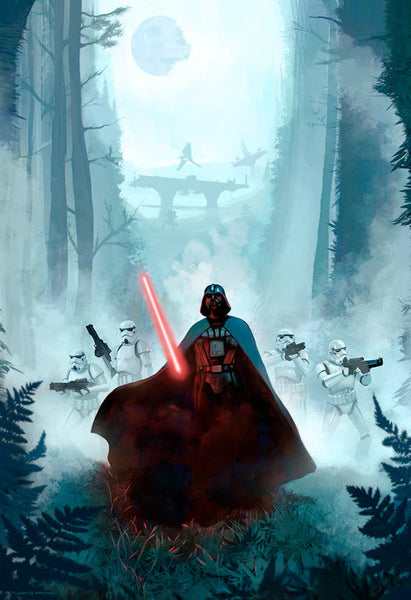 Darth Vader on Endor with his red lightsaber with stormtroopers and the death star in the background.