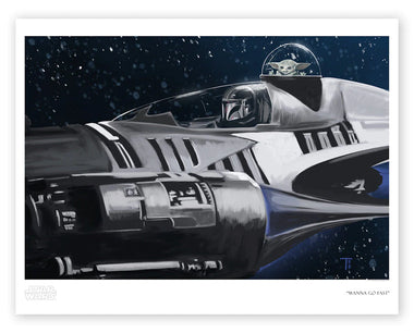 Artwork of a starfighter spaceship from Star Wars with a space background, titled 'Wanna Go Fast' by Tricia Buchanan-Benson. Showing Grogu and Mando flying.