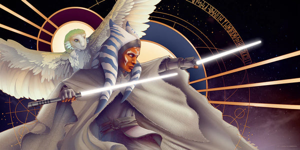 Artwork featuring Ahsoka Tano from Star Wars with a white owl flying behind her and wielding a lightsaber, set against a space-themed background with golden accents.