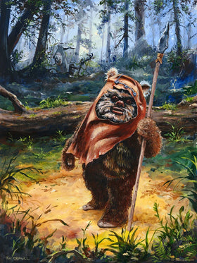 A painted forest scene featuring Wicket the Ewok, standing on a dirt path, gazing directly out at the viewer.