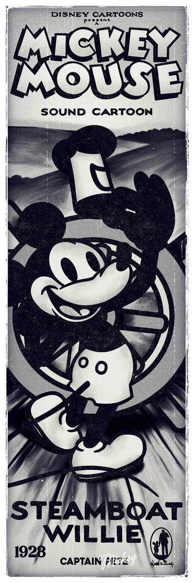 Vintage poster for 'Steamboat Willie' featuring Mickey Mouse, with text indicating it's a Disney cartoon from 1928.