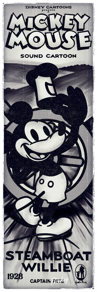 Vintage poster for 'Steamboat Willie' featuring Mickey Mouse, with text indicating it's a Disney cartoon from 1928.