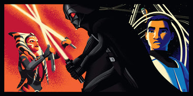 A limited edition Star Wars themed art print featuring characters from the series, including a depiction of Ahsoka Tano and Darth Vader.