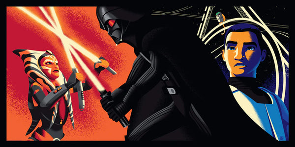 A limited edition Star Wars themed art print featuring characters from the series, including a depiction of Ahsoka Tano and Darth Vader.