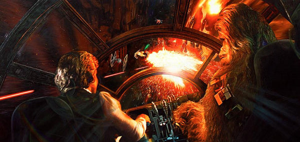 Art print featuring a scene from Star Wars with a Han Solo and Chewbacca driving a spacecraft, surrounded by a vibrant display of shooting laser lights.