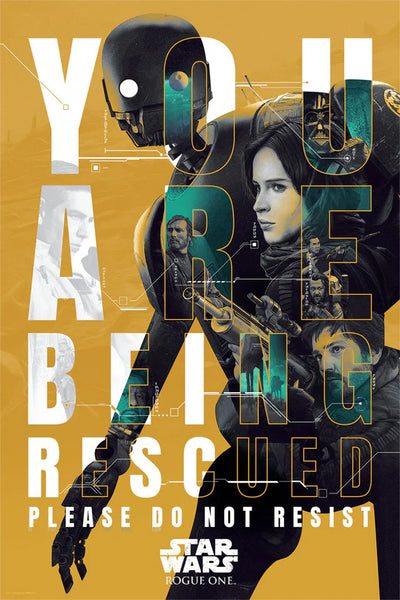 A poster featuring characters from Rogue One A Star Wars Story with a yellow and black color scheme, text, and artistic rendering.