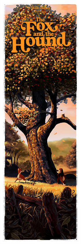 The Fox and the Hound inspired art print featuring a large tree, with the fox and the hound looking at eachother at the base. The film title logo is in large orange letters at the top.
