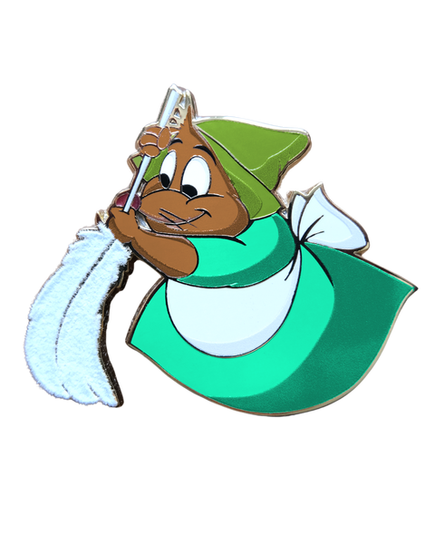 A mouse from Disney's Cinderella sweeping with a feather shown with no background