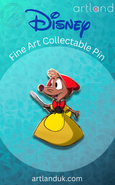 A Disney's Cinderella enamel pin depicting a brown mouse with a red hat and a yellow dress holding a needle set against a blue geometric background with 'Disney' and 'artland' branding.