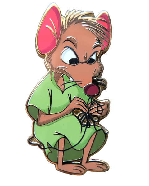 A cartoon mouse character enamel pin wearing a light green shirt and holding his tangled tail, shown on a plain white background.
