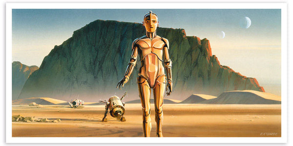 C3PO and R2D2 standing in the desert with  two moons in the distance