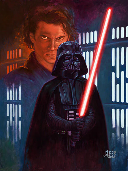 Darth Vader with his red lightsaber with the ghost of anakin skywalker behind him 