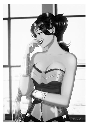 a black and white art piece of wonder woman. she is smiling, her hand held to her mouth. her other hand is holding her lasso.