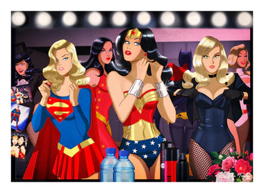 an art piece of a backstage dressing room. numerous superheroes, such as wonder woman, superwoman, and cat woman, are getting ready for the show.