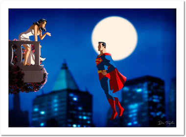a city nightscape. lois lane is stood on a balcony blowing a kiss to superman.