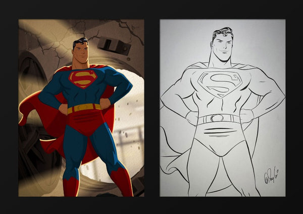 Superman art piece divided into two sections. The left section is superman in full colour standing with hands on his hips. the right section is the original drawing of the colour section.