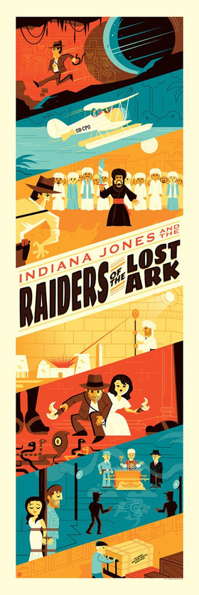 This art piece is a montage of scenes from the movie Indiana Jones and the Raiders of the Lost Ark. The scenes include Indiana Jones running from a booby trap, a sea plane, Indiana being confronted by mercenaries, The Well of Souls being opened with the staff of Ra, the snake pit, the Ark of the Covenant, and the warehouse where the Ark is stored away