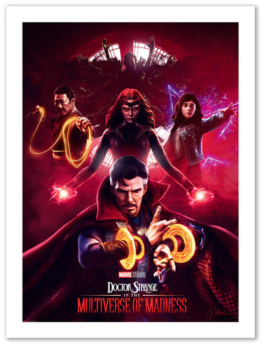 doctor strange stands in the foreground of this art piece using his powers, backed by the scarlett witch, America Chavez, wong, and sinister strange